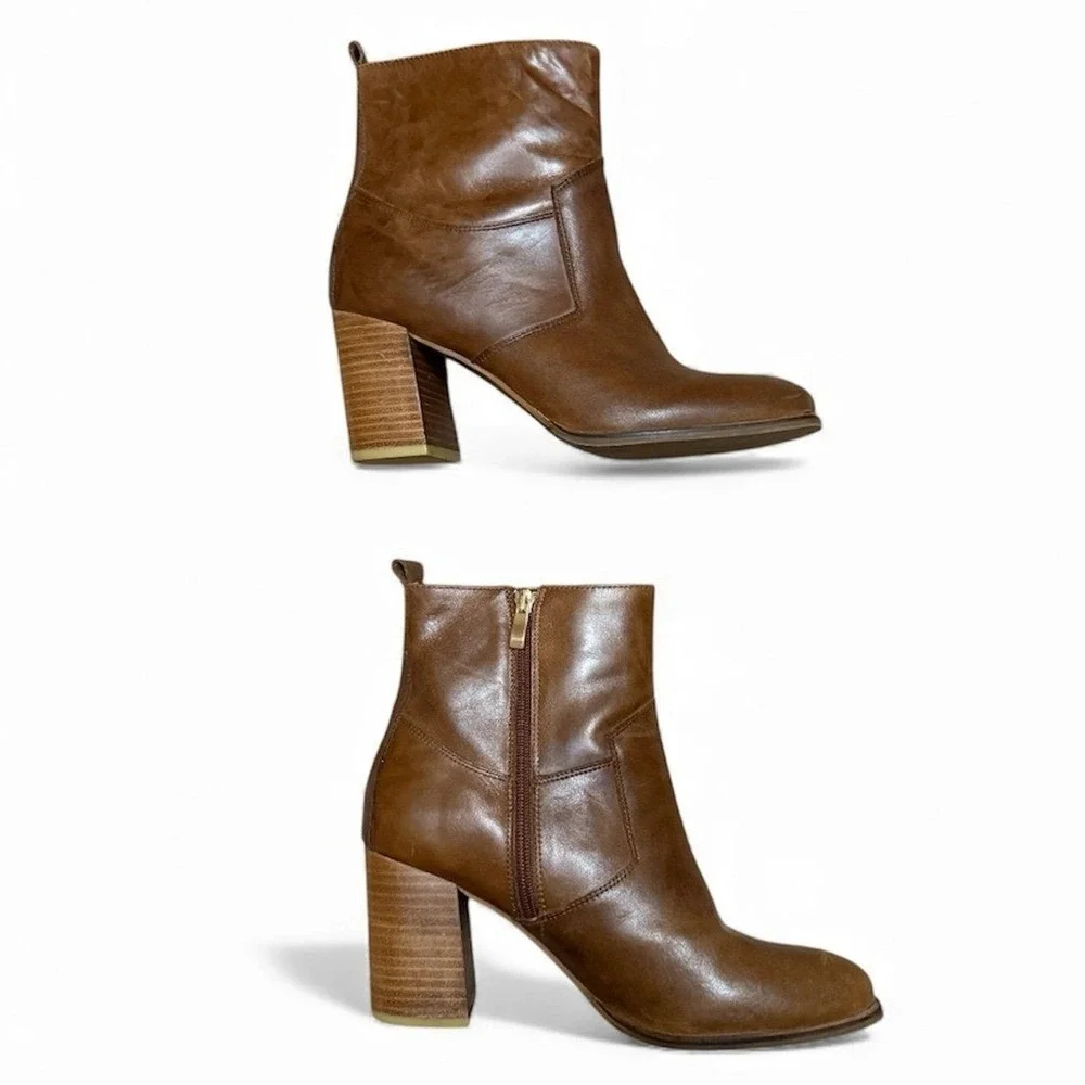 Sbicca Ankle Boots Womens 8.5 Brown Leather Square Toe Block Heel‎ Side Zip
